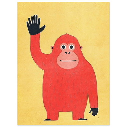Minimalistisk poster av en vänlig orangutang med stora snälla ögon