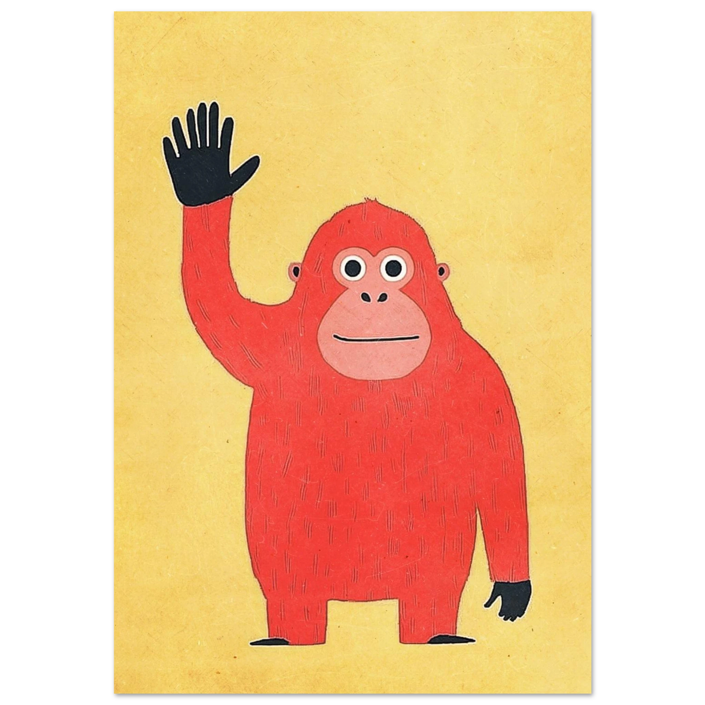 Vinkande röd orangutang på gul texturerad bakgrund – minimalistisk djurposter