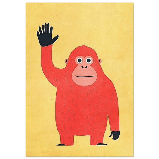 Vinkande röd orangutang på gul texturerad bakgrund – minimalistisk djurposter