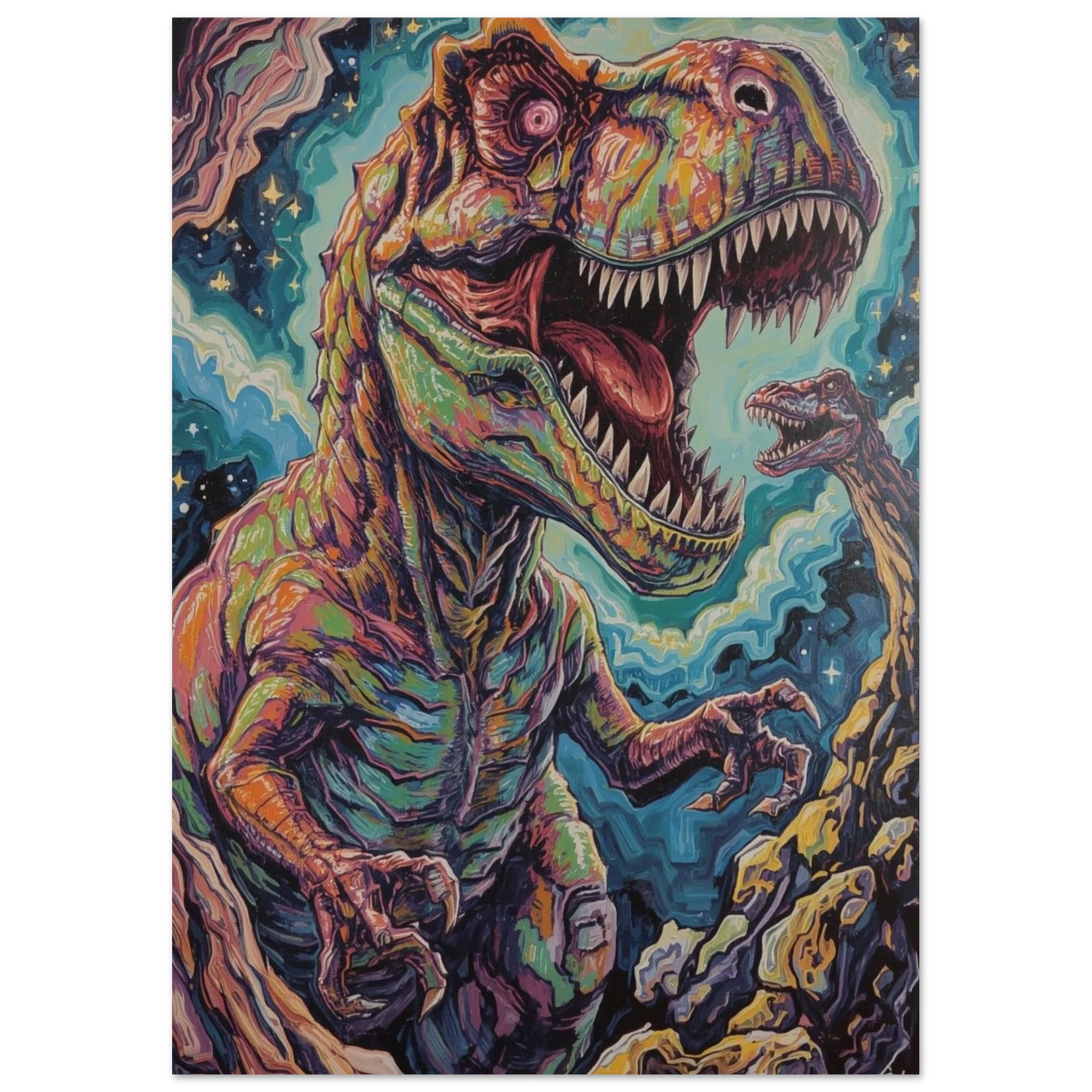 Konstnärligt dinosauriemotiv med intensiva färger och grafiska detaljer