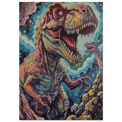 Konstnärligt dinosauriemotiv med intensiva färger och grafiska detaljer