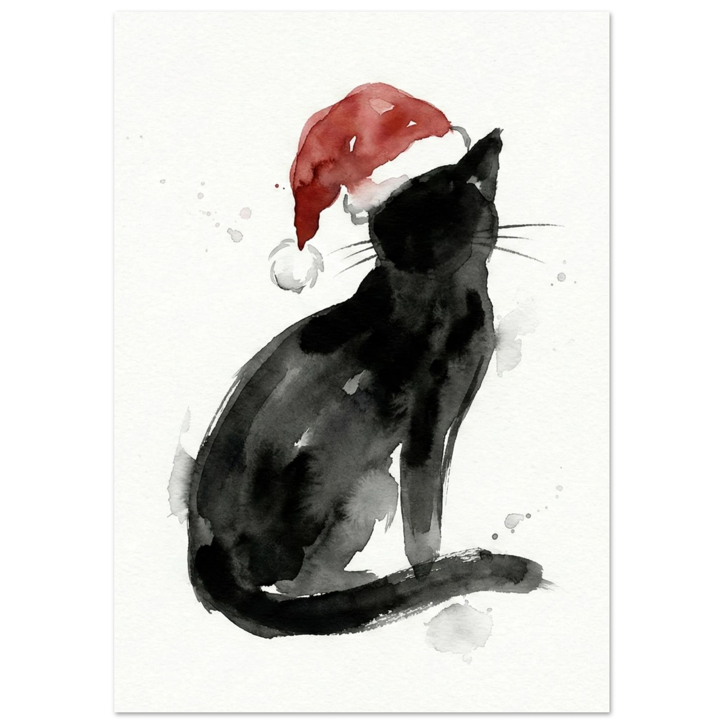 Konstnärligt julmotiv av en svart katt sedd från sidan, akvarellstil