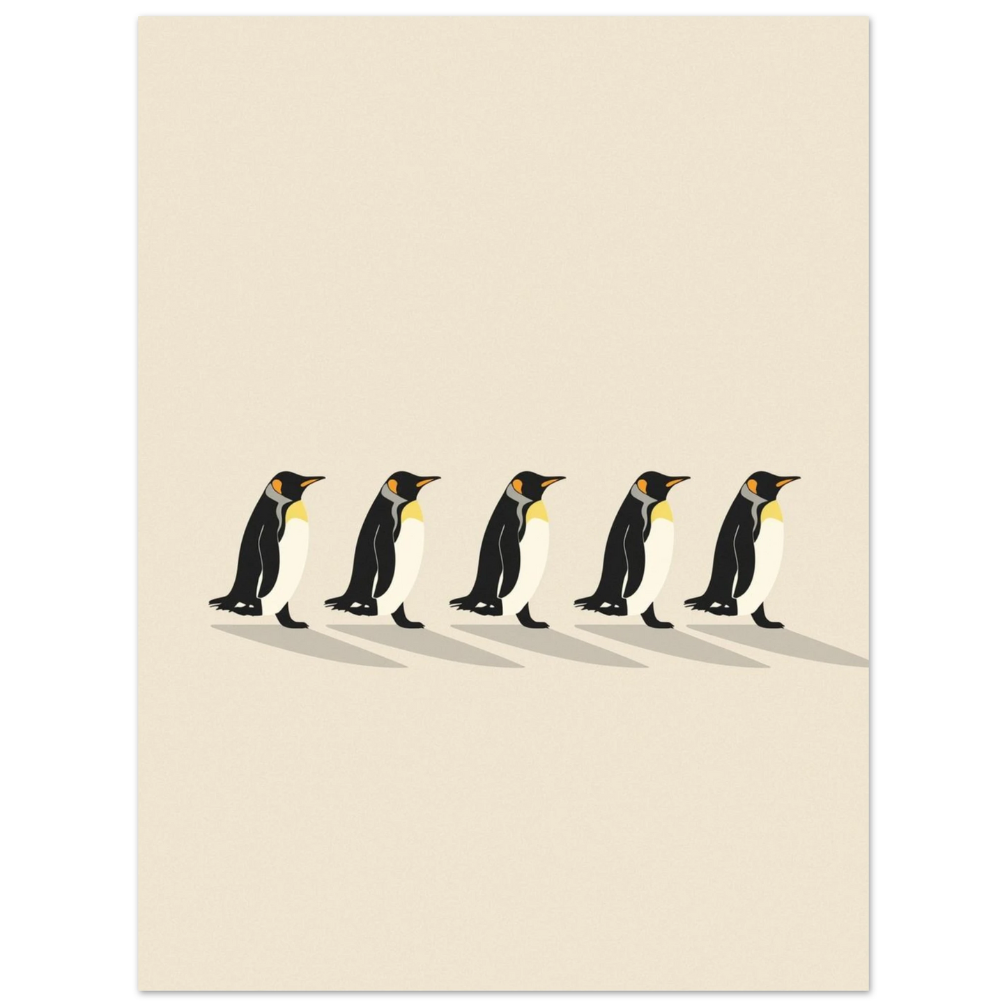 Stiliserat motiv av pingviner med långa skuggor, minimalistisk väggkonst
