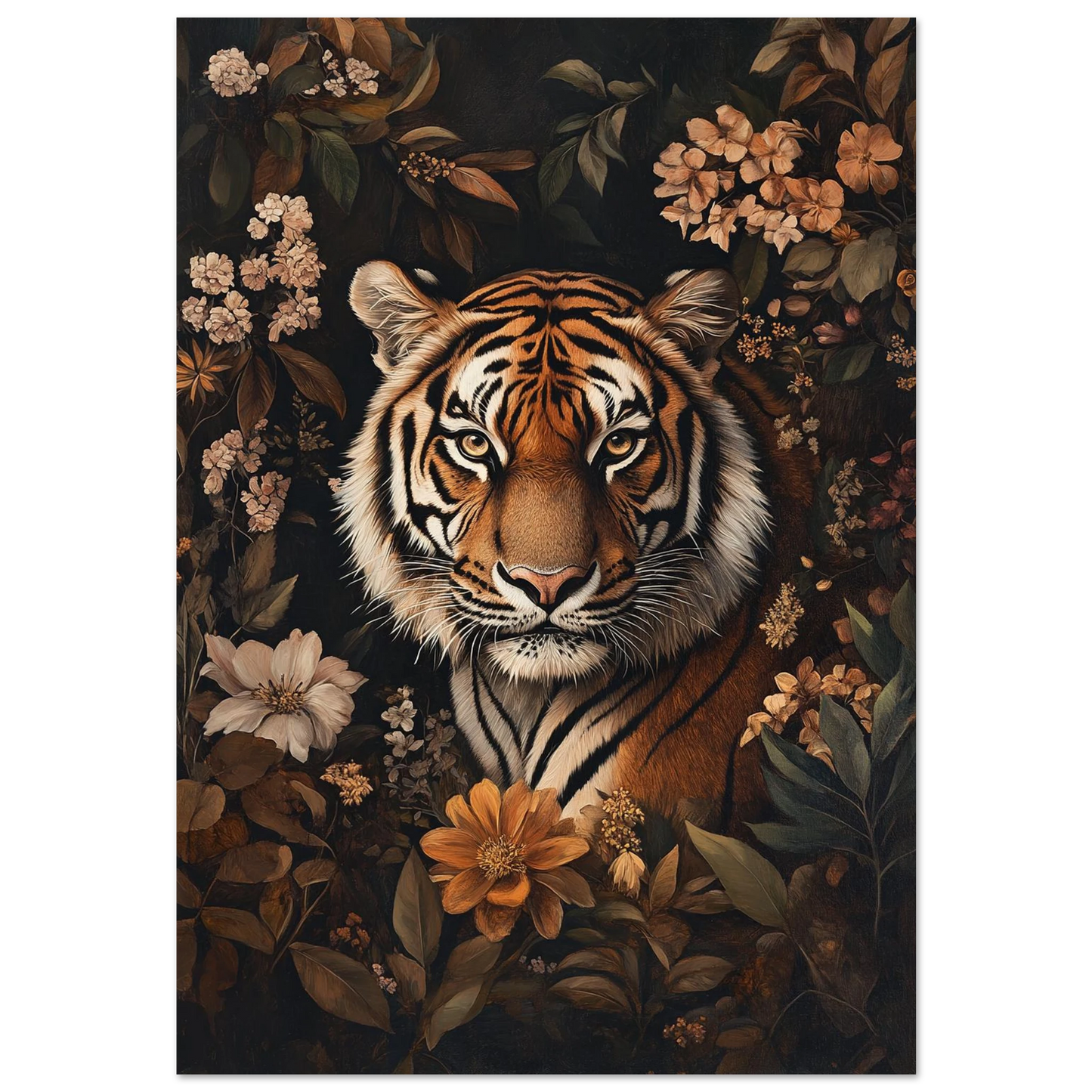 Tiger som kikar fram ur mörk flora – konstnärlig djurposter