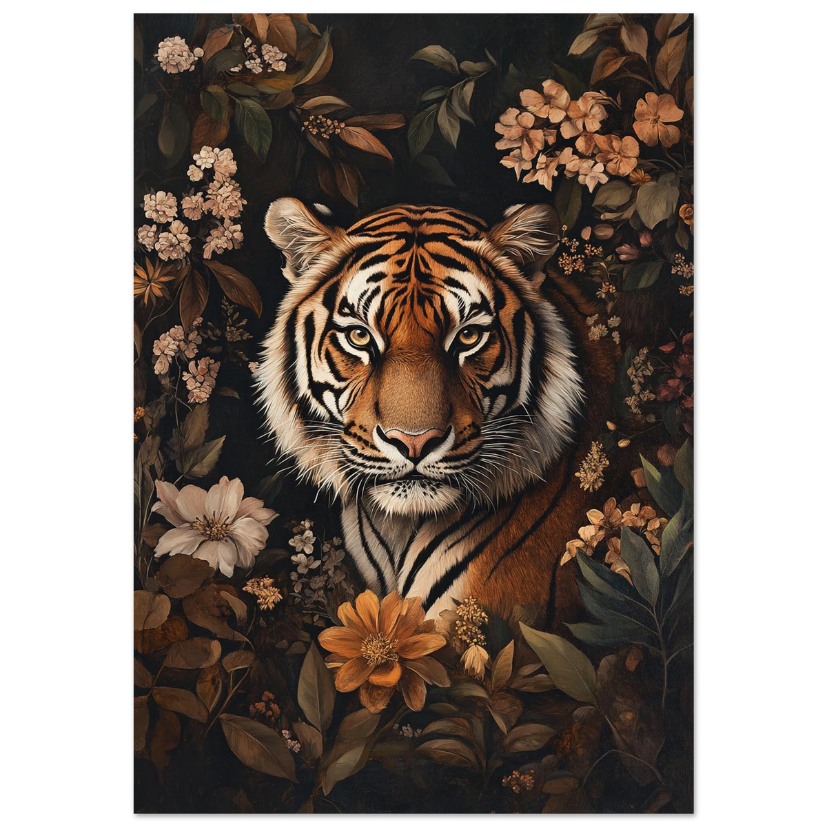 Tiger som kikar fram ur mörk flora – konstnärlig djurposter