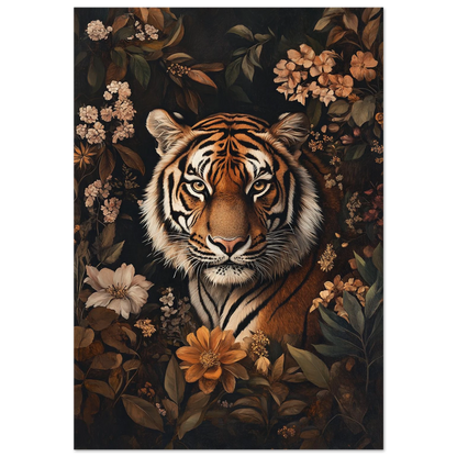Tiger som kikar fram ur mörk flora – konstnärlig djurposter