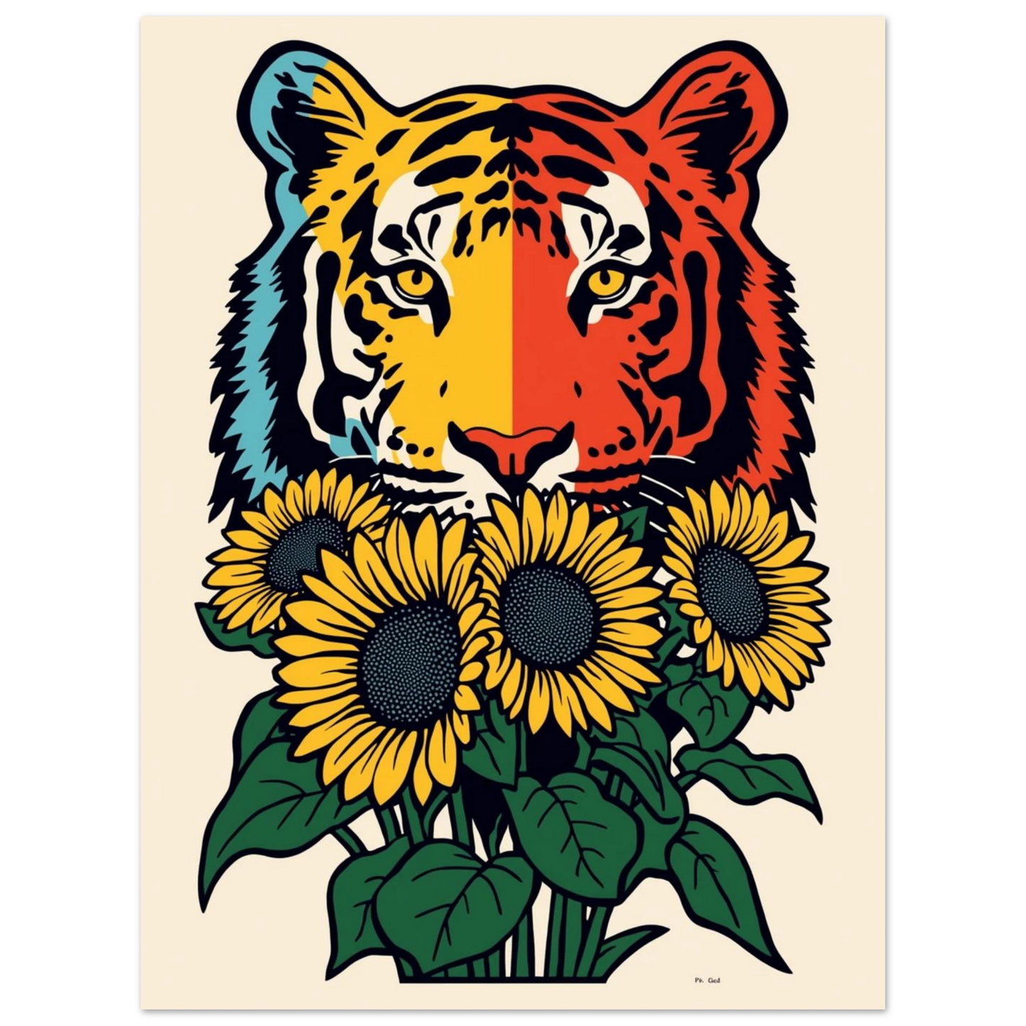 Stiliserad tigerposter med varma färgblock och en bukett gula blommor