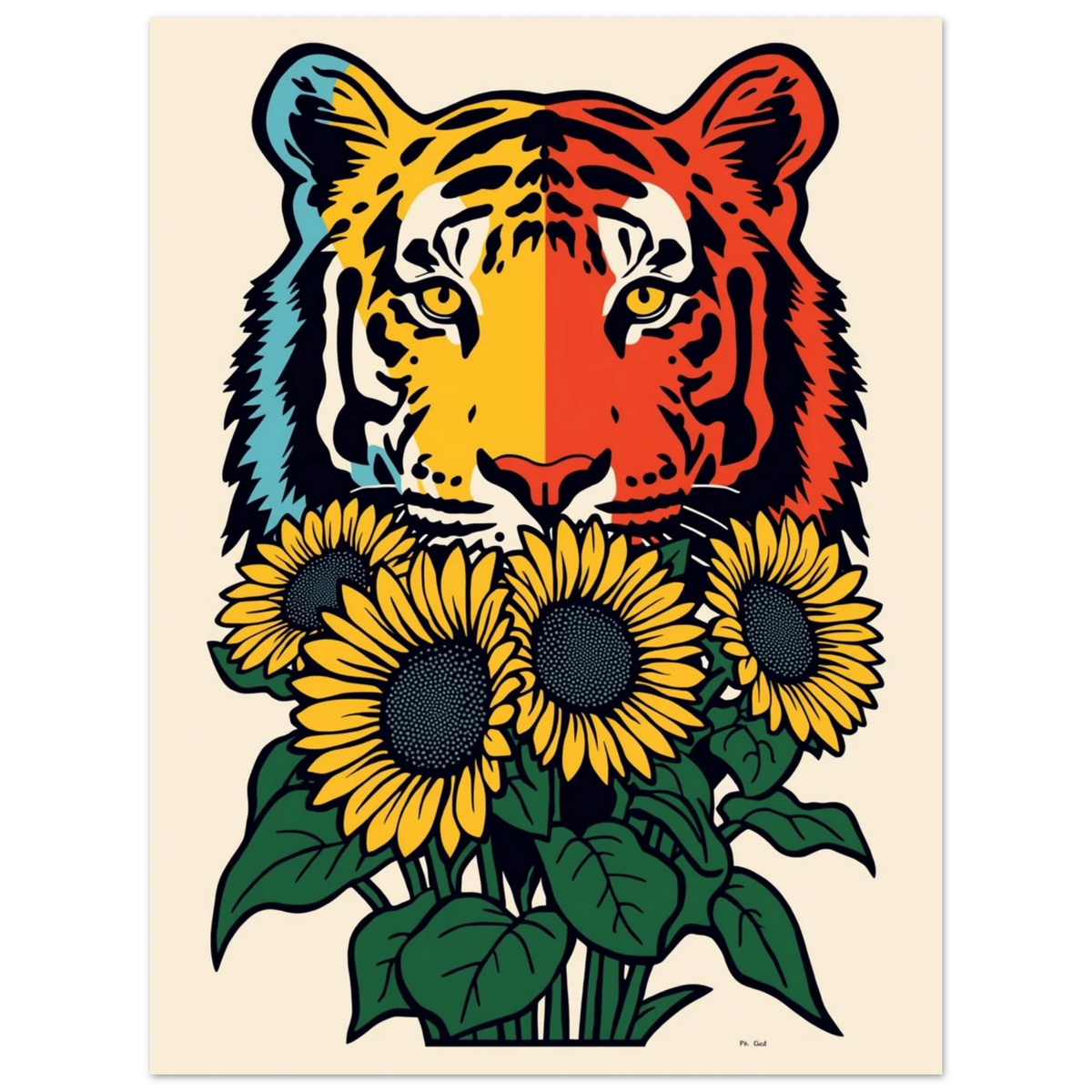 Stiliserad tigerposter med varma färgblock och en bukett gula blommor