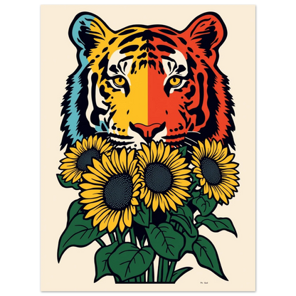 Stiliserad tigerposter med varma färgblock och en bukett gula blommor