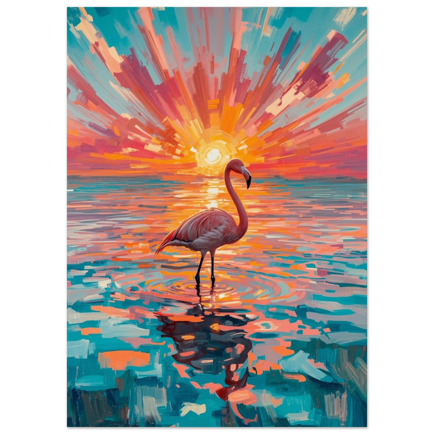 Expressionistisk målning av en flamingo med kraftfulla penseldrag i solljus