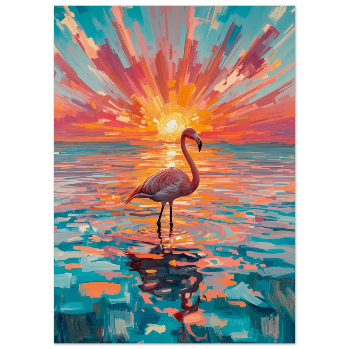 Expressionistisk målning av en flamingo med kraftfulla penseldrag i solljus
