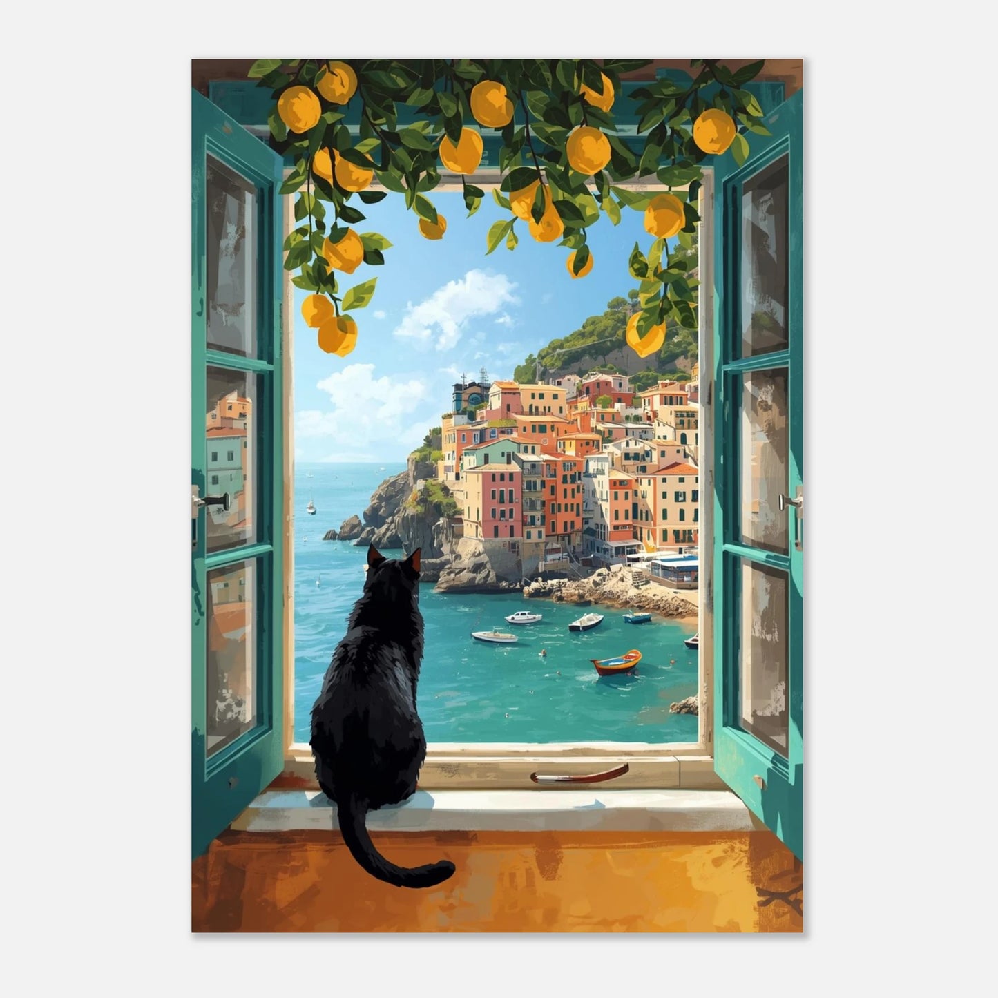 Konstnärlig poster med katt, citroner och italienska byggnader vid havet