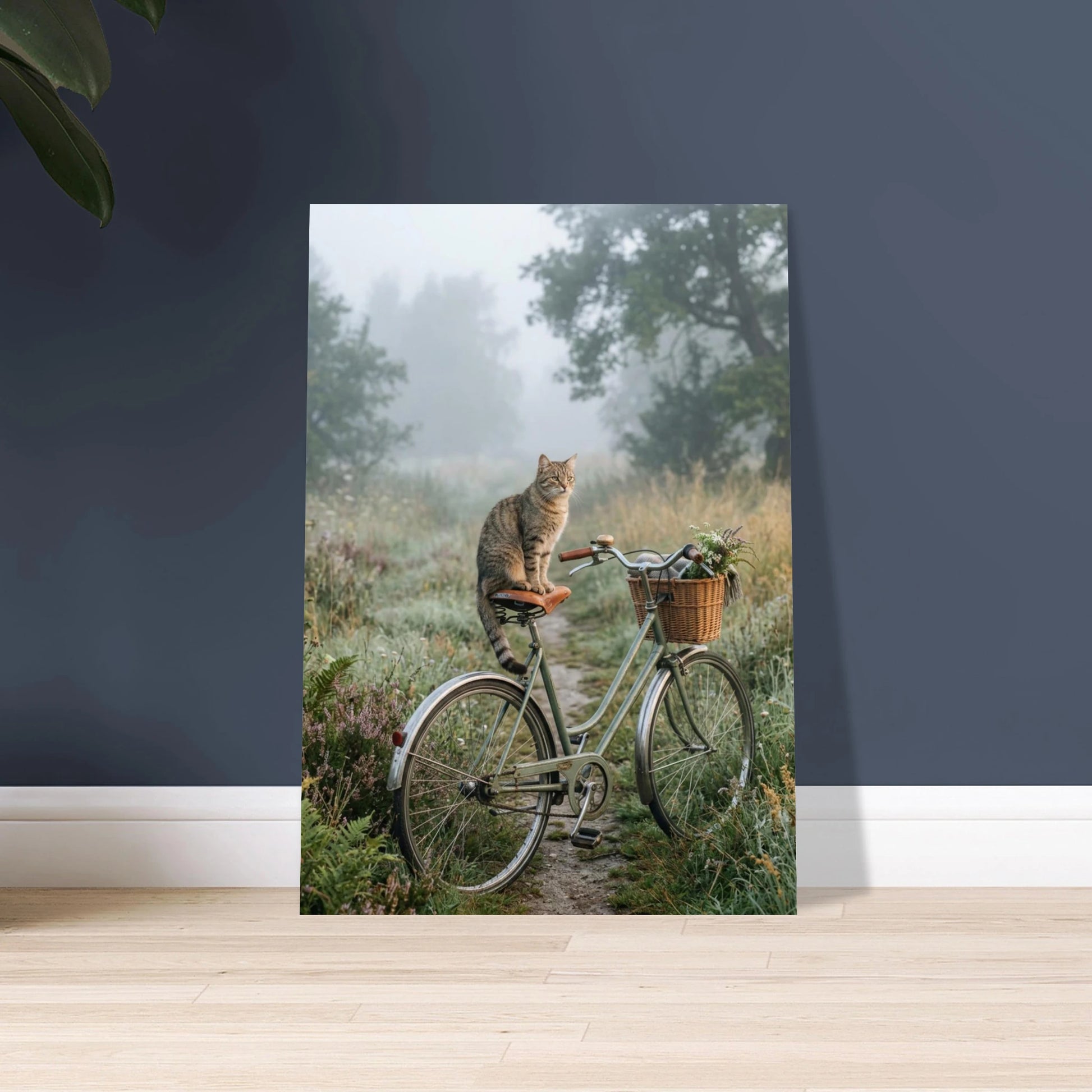 Katt på cykel i dimmigt landskap, lugn stämning, vintage stil.