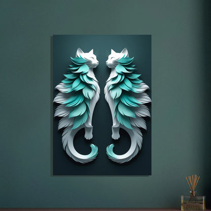 Symmetrisk poster med två vita katter i pappersklippsteknik, turkosa detaljer