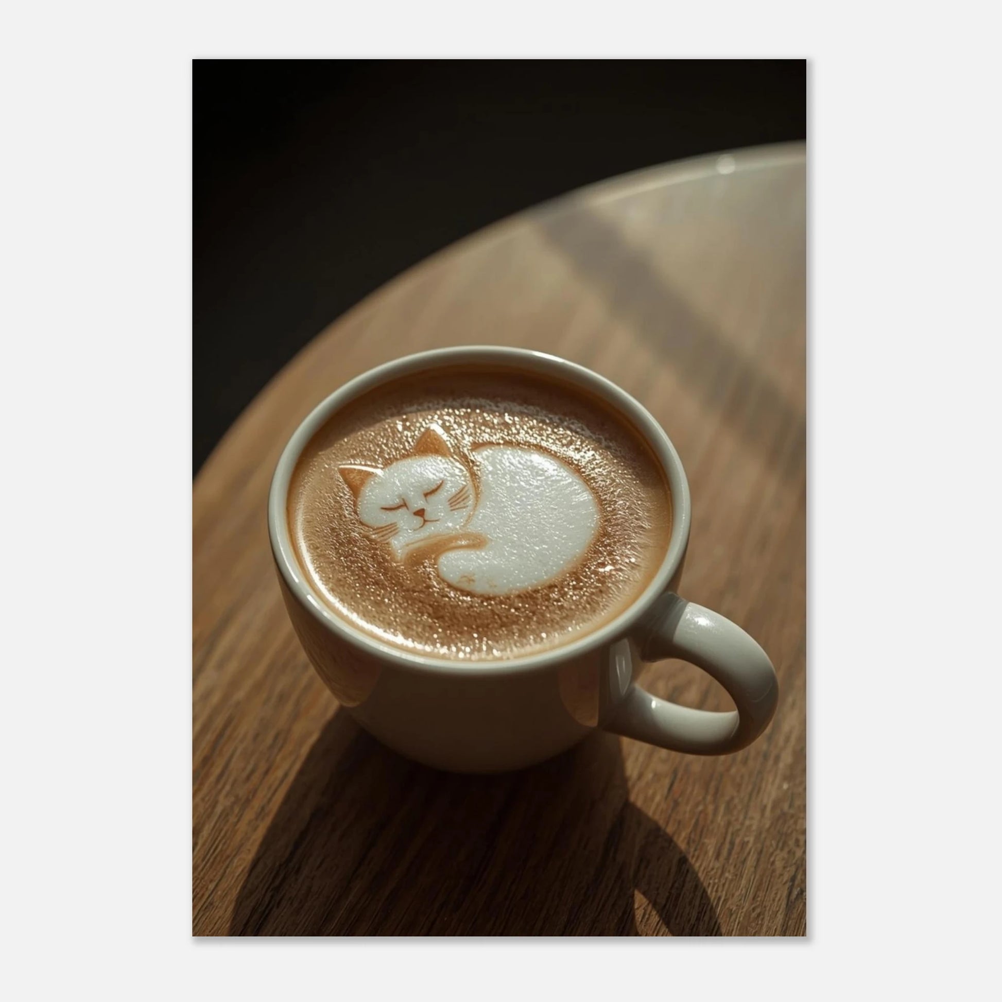 Minimalistisk djurposter med en katt i en kaffekopp, varm ljussättning