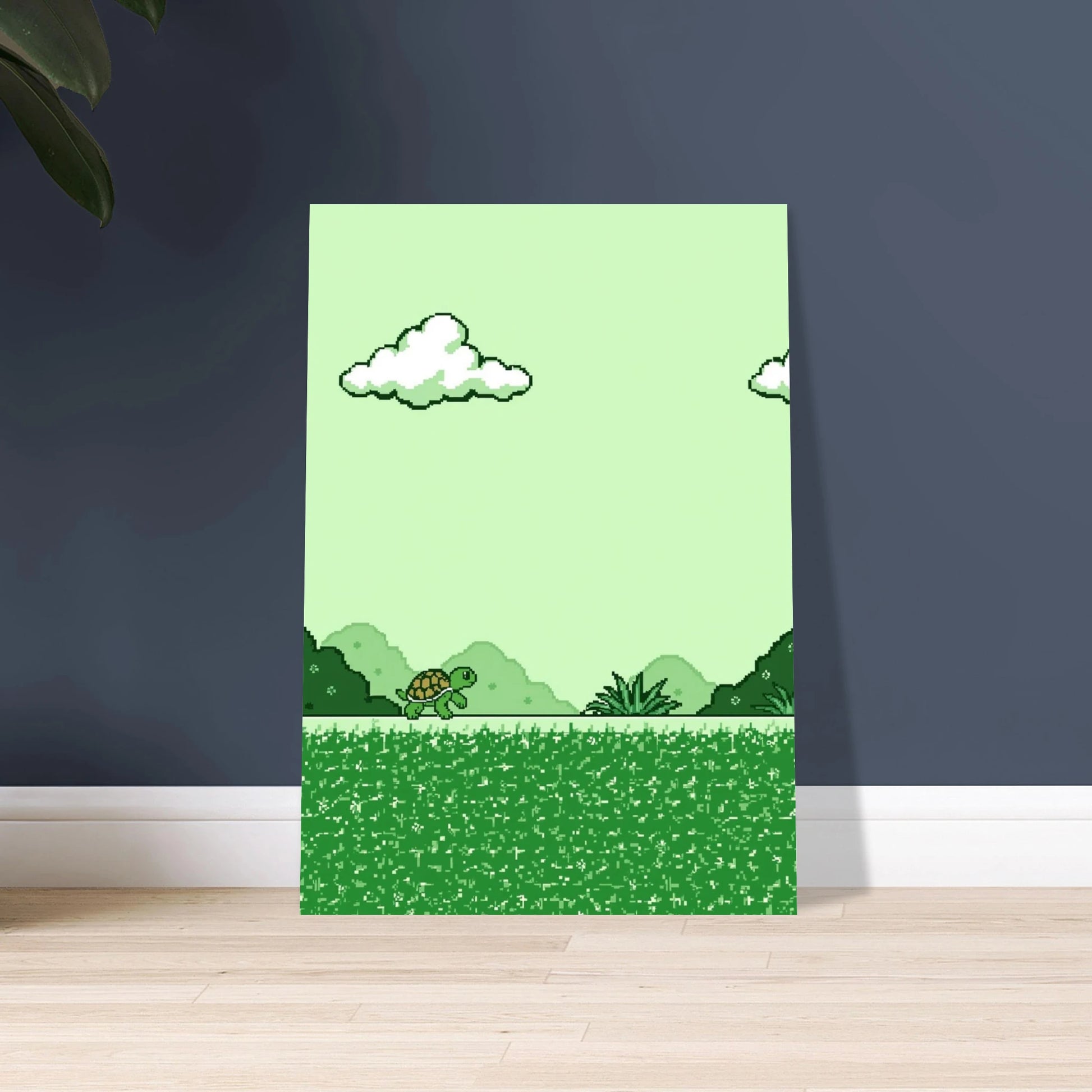 Pixelkonstsköldpadda i grönt landskap, retro Game Boy-stil, lugn stämning.