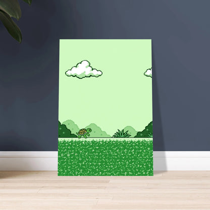 Pixelkonstsköldpadda i grönt landskap, retro Game Boy-stil, lugn stämning.