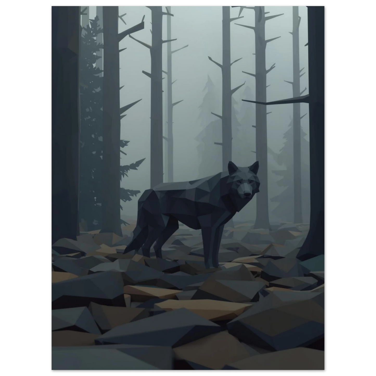 Modern illustration av en varg bland träd i gråskala