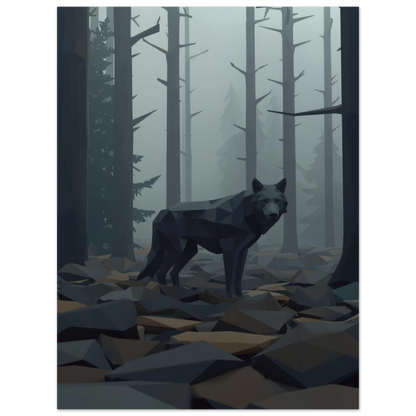 Modern illustration av en varg bland träd i gråskala