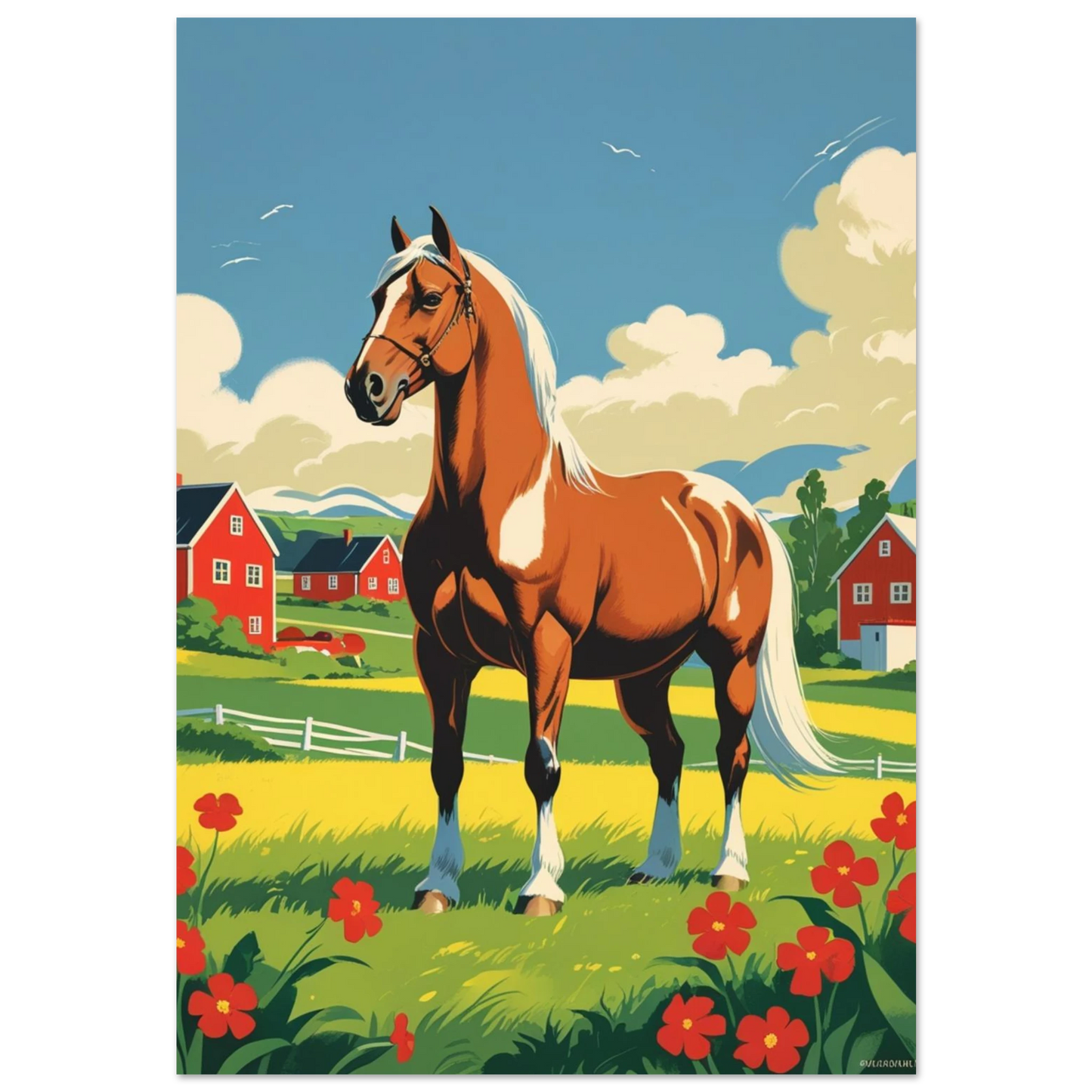 Brun häst med vit man i grönt sommarlandskap – retro djurposter