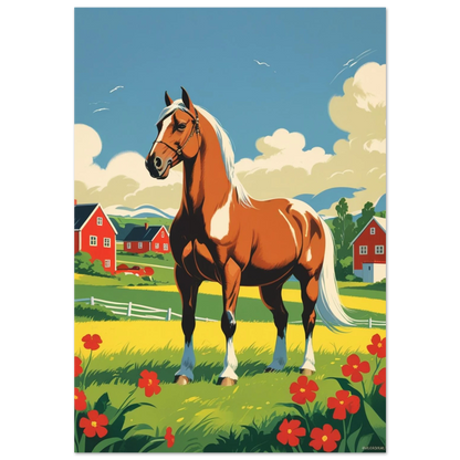 Brun häst med vit man i grönt sommarlandskap – retro djurposter