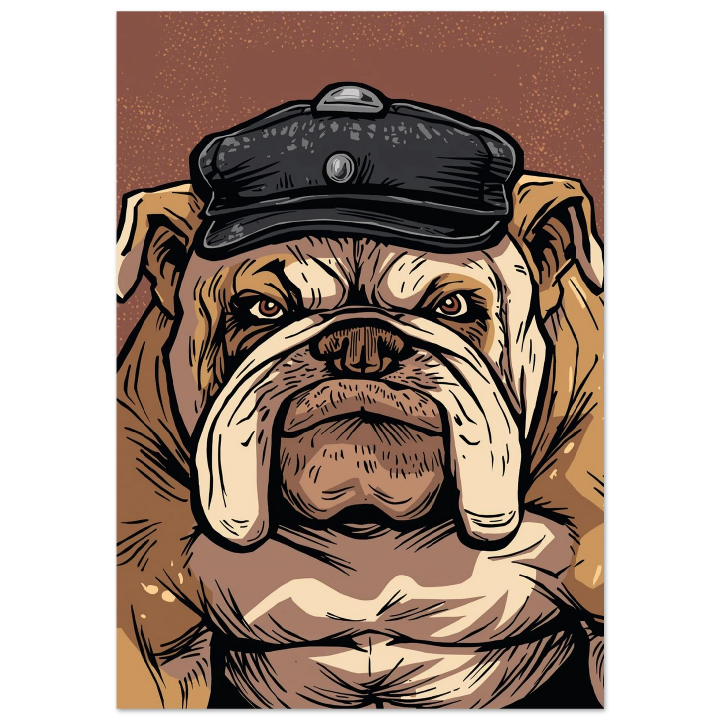 Engelsk bulldogg i svart keps mot mörkbrun bakgrund, grafisk hundposter