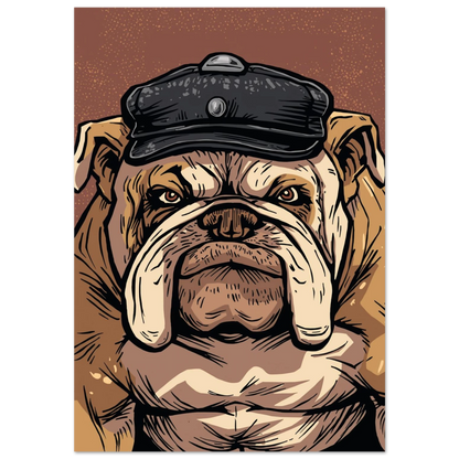 Engelsk bulldogg i svart keps mot mörkbrun bakgrund, grafisk hundposter