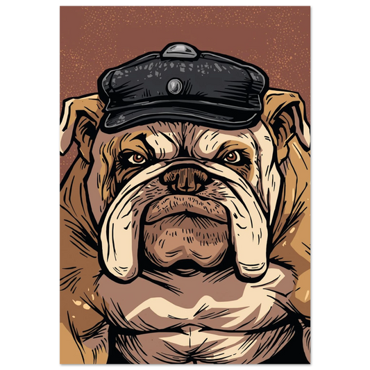Engelsk bulldogg i svart keps mot mörkbrun bakgrund, grafisk hundposter