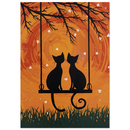 Romantiskt kattmotiv med silhuetter mot en cirkulär orange bakgrund