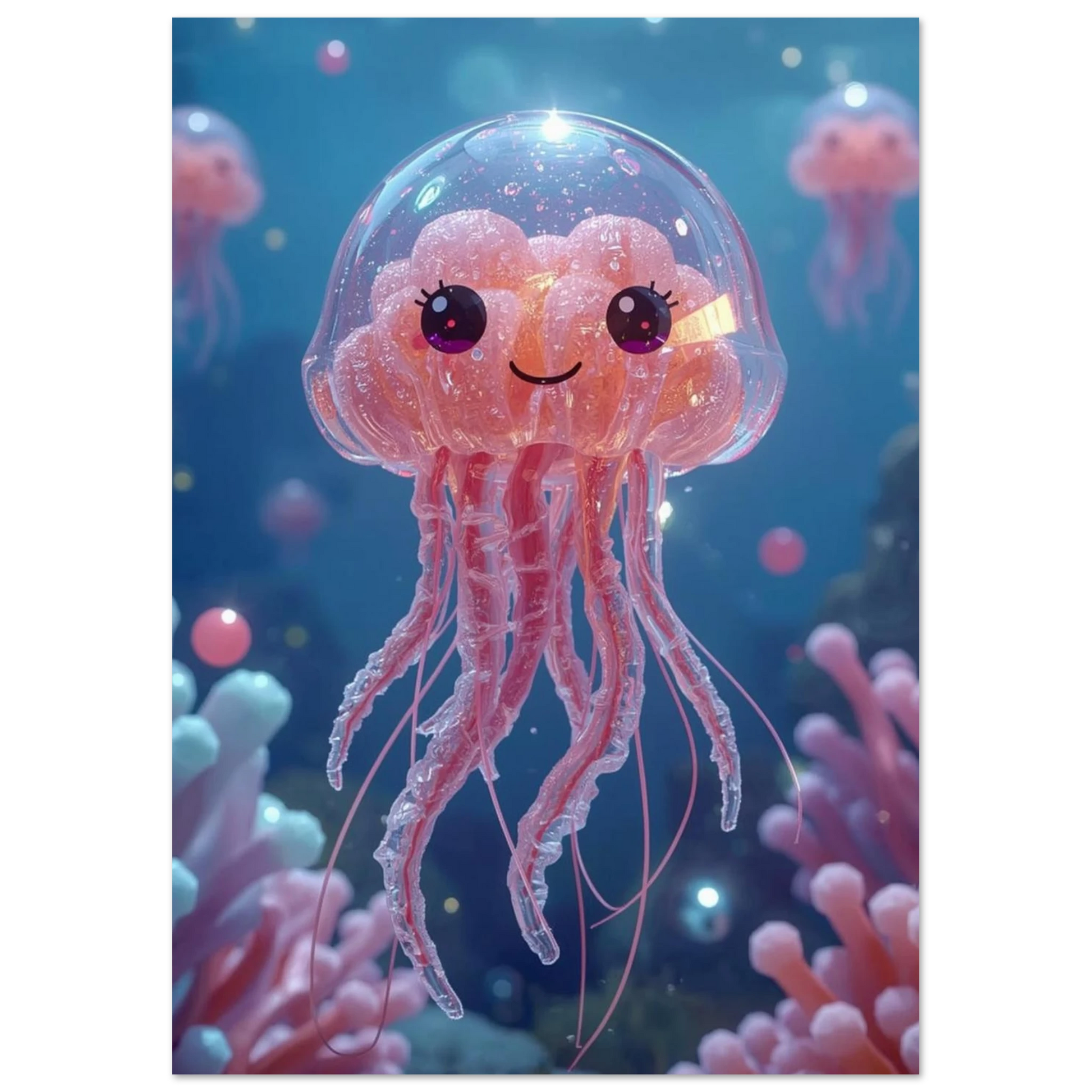 Genomskinlig rosa manetfigur med stora ögon under vatten – fantasifull tavla
