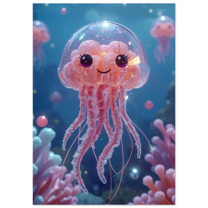 Genomskinlig rosa manetfigur med stora ögon under vatten – fantasifull tavla