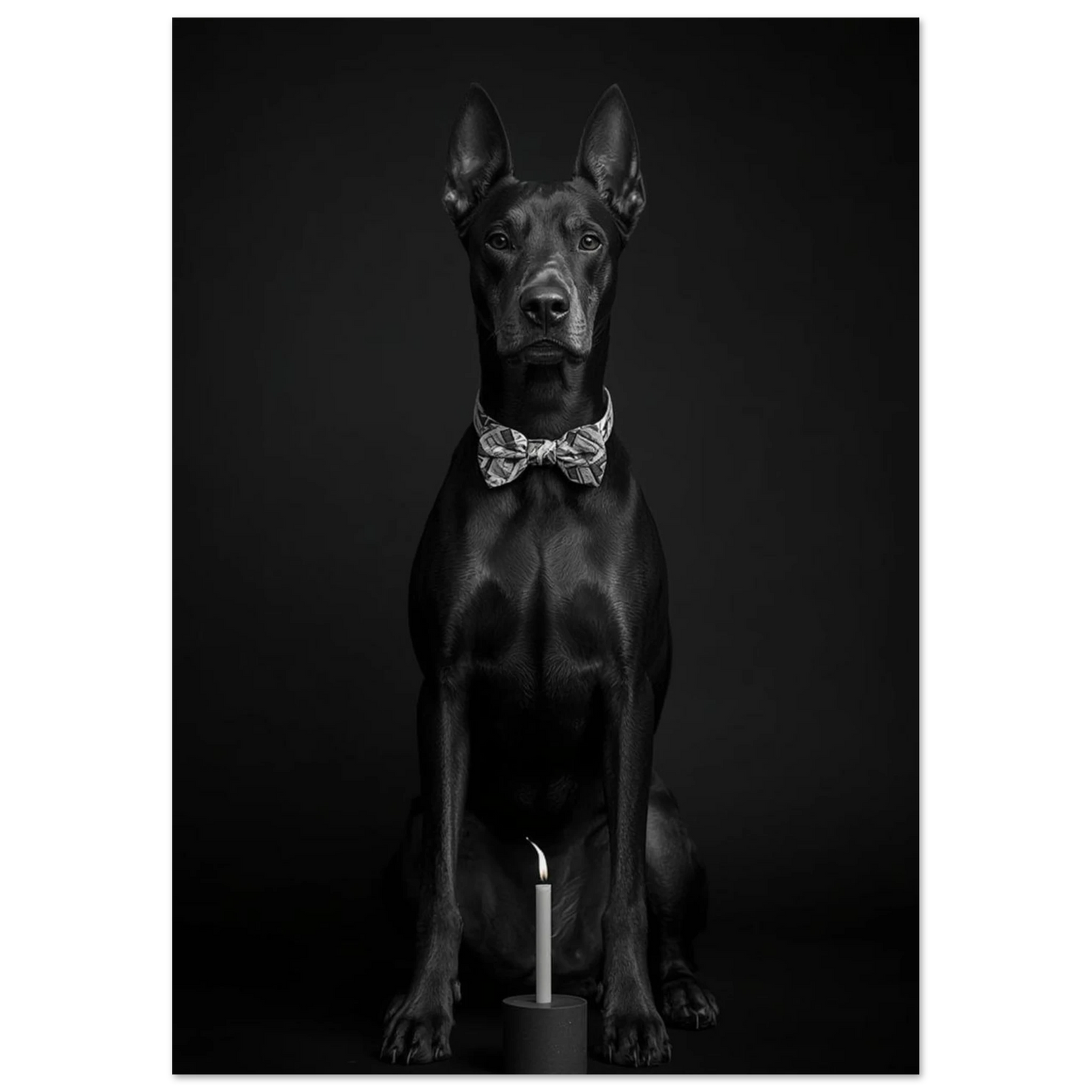 Dramatiskt hundporträtt av en dobermann i svartvitt med fluga