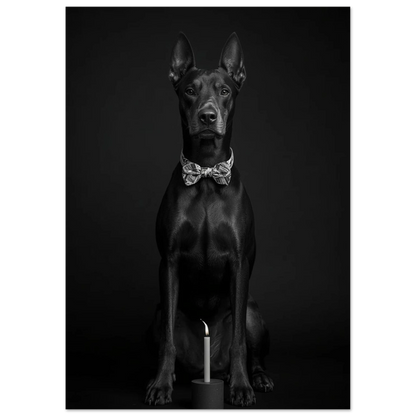 Dramatiskt hundporträtt av en dobermann i svartvitt med fluga
