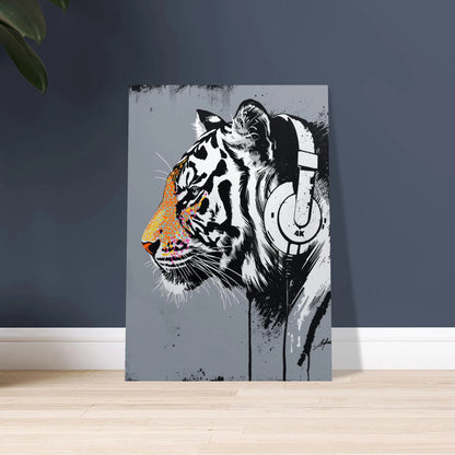 Urban street art tiger med hörlurar, svartvit med färgglada stänk