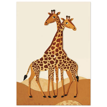 Illustration av giraffpar i varma jordfärger med unik pappersstruktur