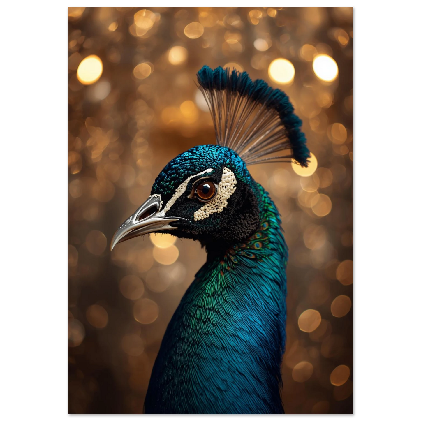 Stolt påfågel i profil med blå fjäderdräkt och gyllene bokeh-bakgrund