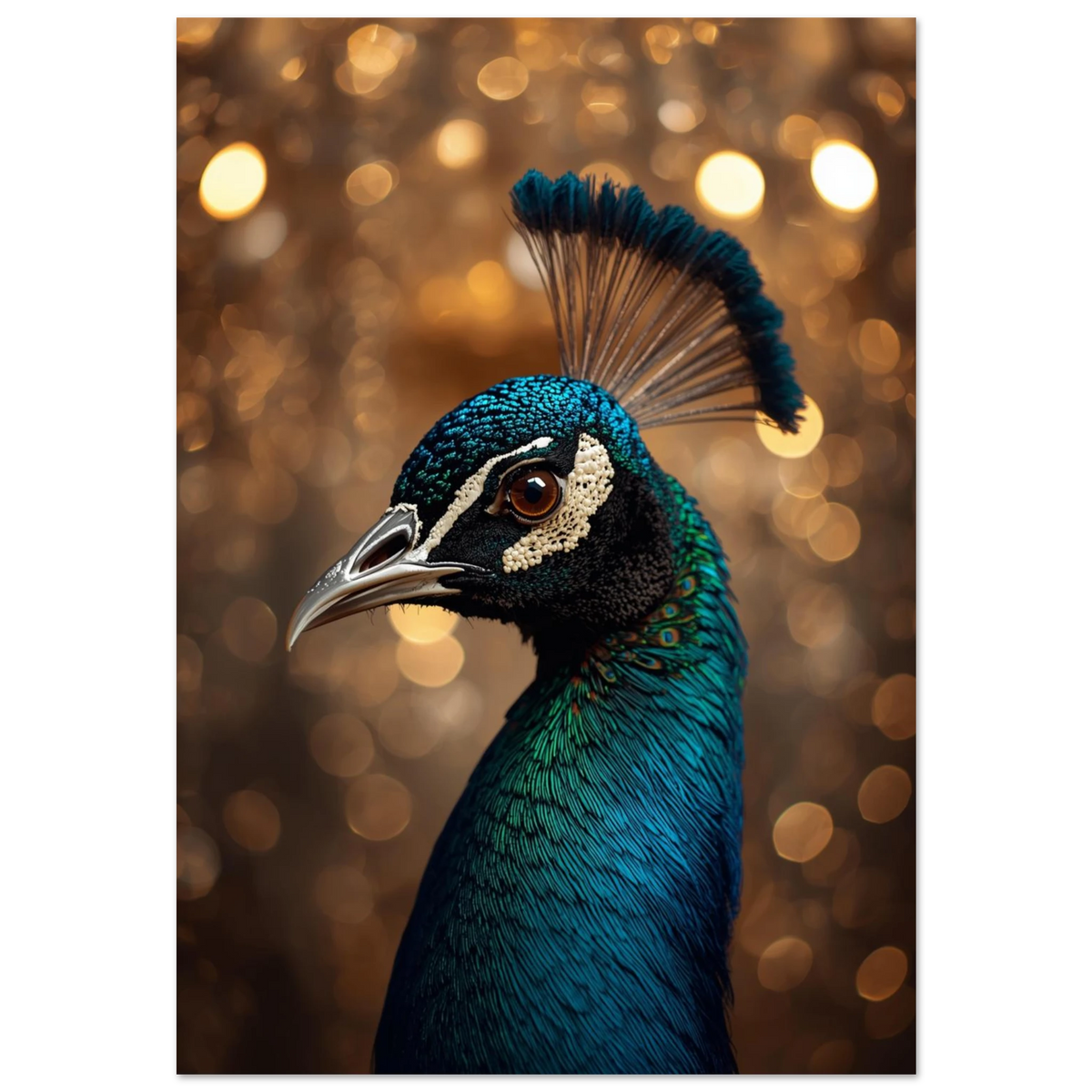 Stolt påfågel i profil med blå fjäderdräkt och gyllene bokeh-bakgrund