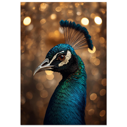Stolt påfågel i profil med blå fjäderdräkt och gyllene bokeh-bakgrund