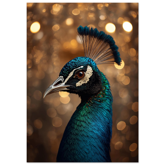 Stolt påfågel i profil med blå fjäderdräkt och gyllene bokeh-bakgrund