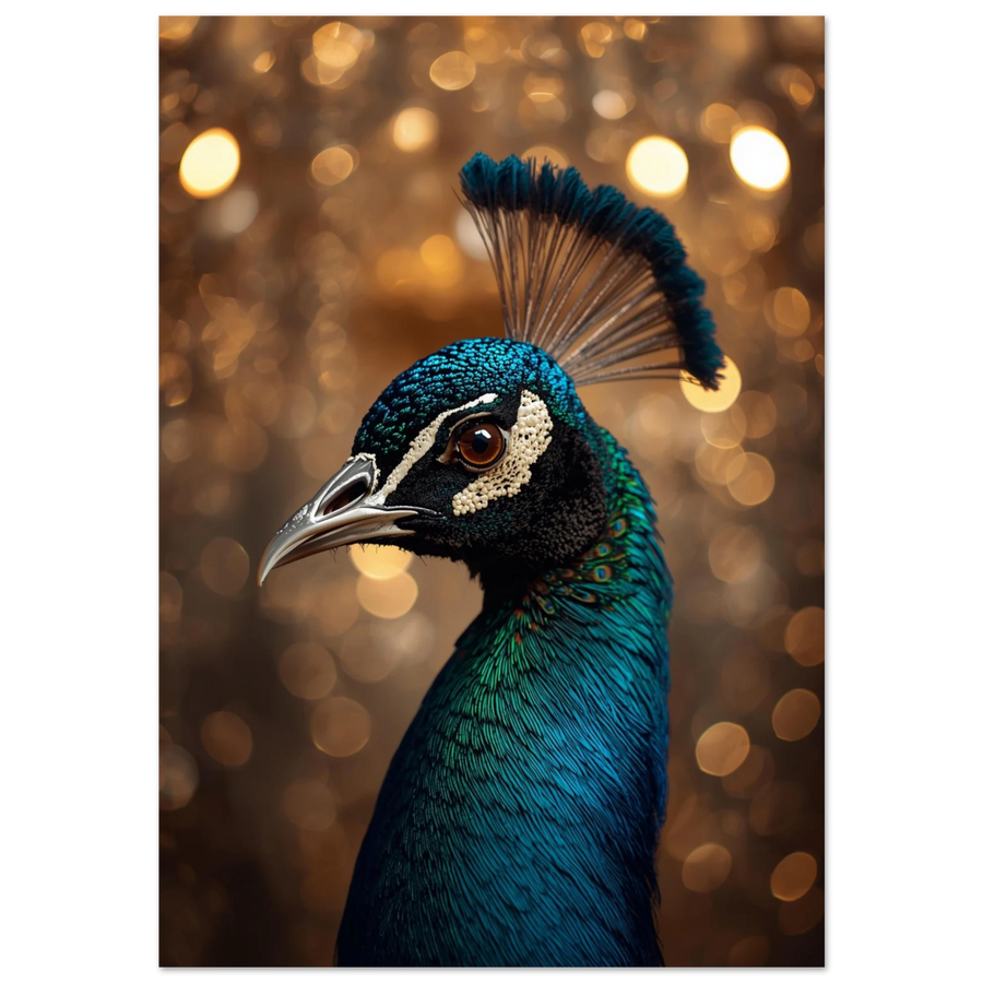 Stolt påfågel i profil med blå fjäderdräkt och gyllene bokeh-bakgrund