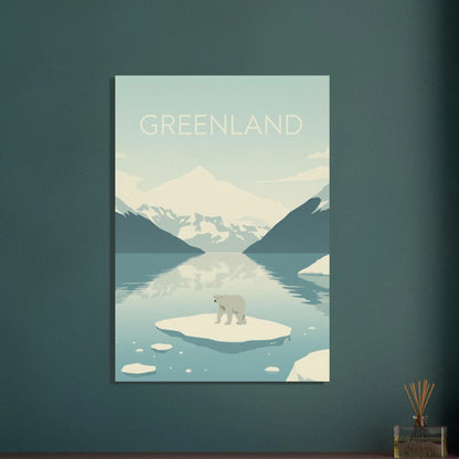 Isbjörn på isflak i ett lugnt fjordlandskap, minimalistisk stil.