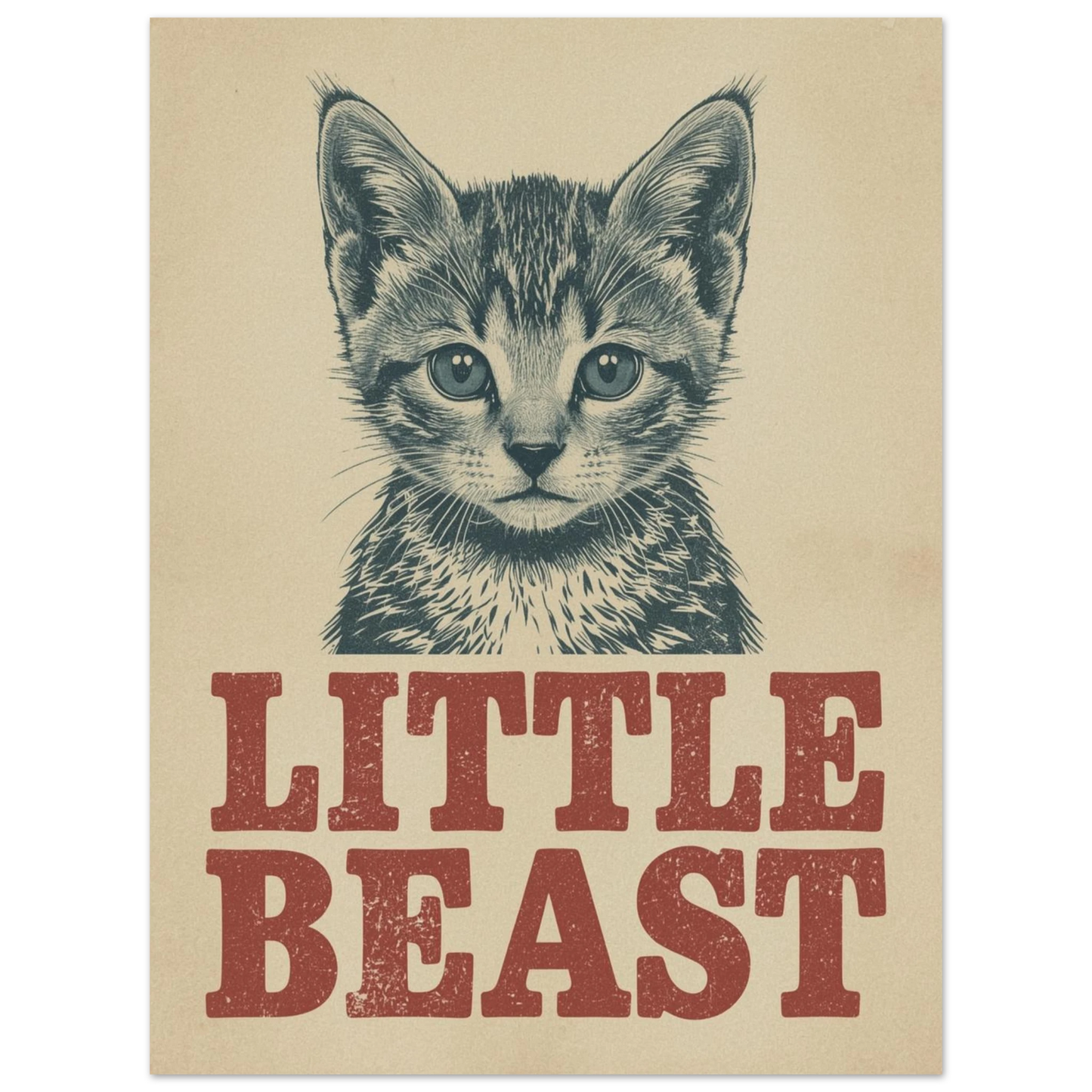Grafiskt print av en liten kattbest i dova vintagefärger