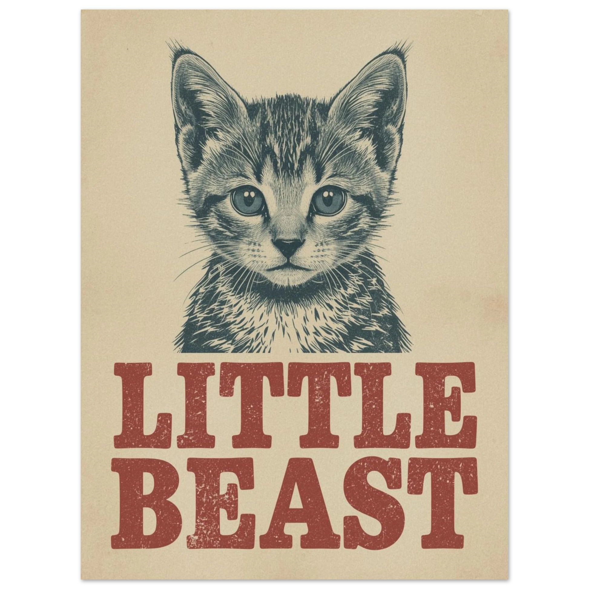 Grafiskt print av en liten kattbest i dova vintagefärger