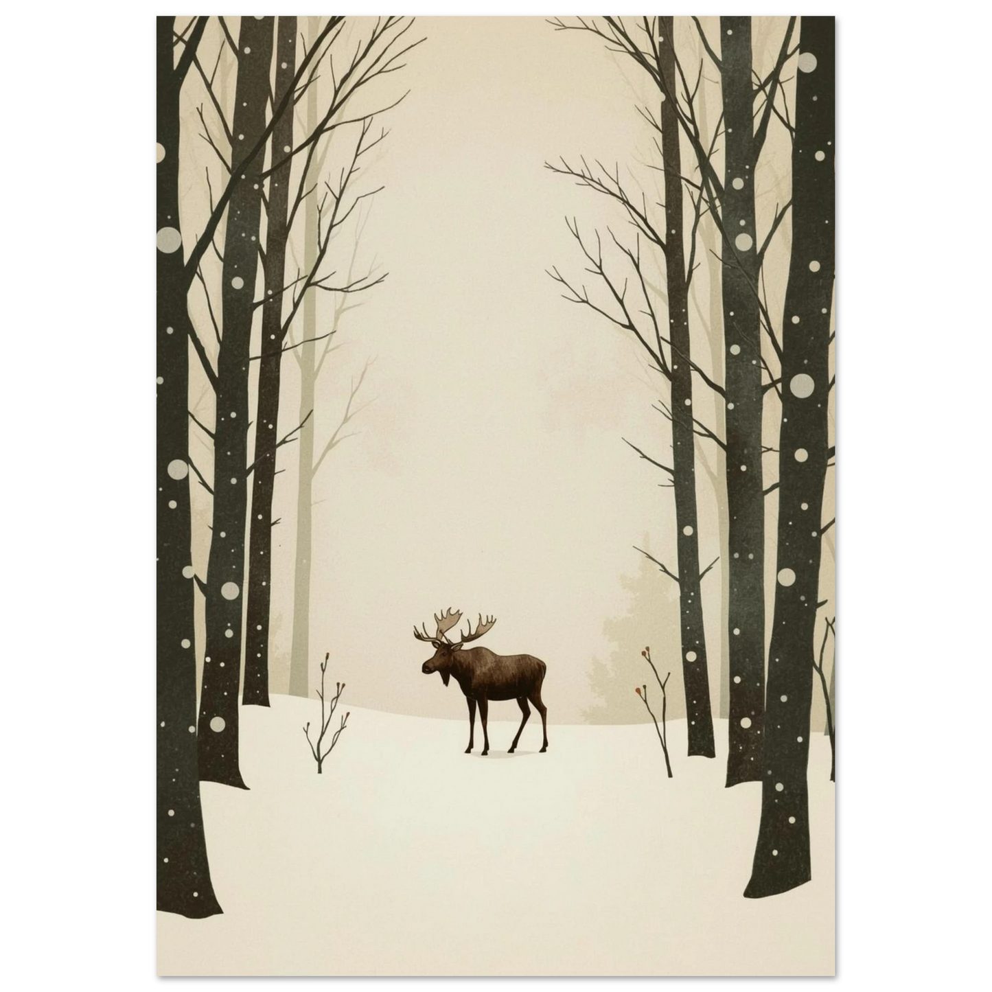 Nordiskt naturmotiv med en älg stående i djup snö mellan träd