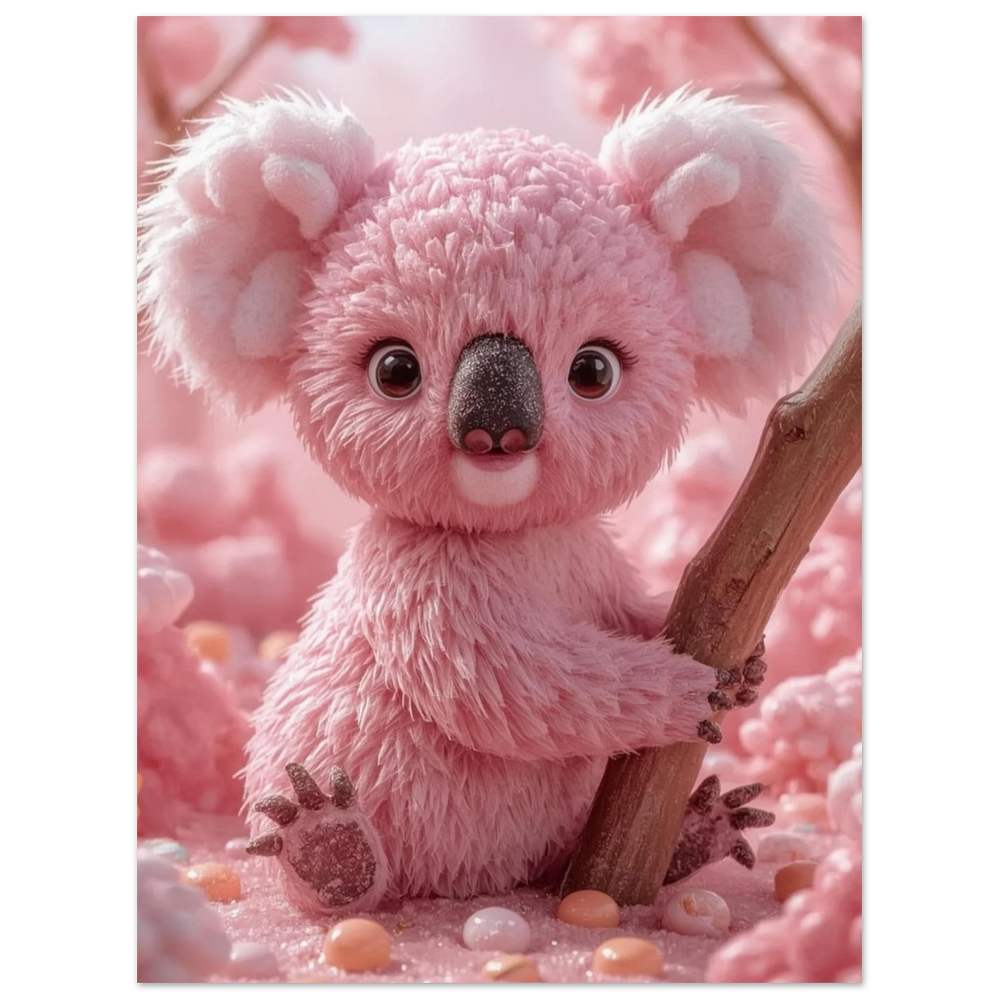 Lekfull djurposter med en koala omgiven av glittrande godisbitar