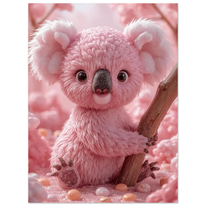 Lekfull djurposter med en koala omgiven av glittrande godisbitar