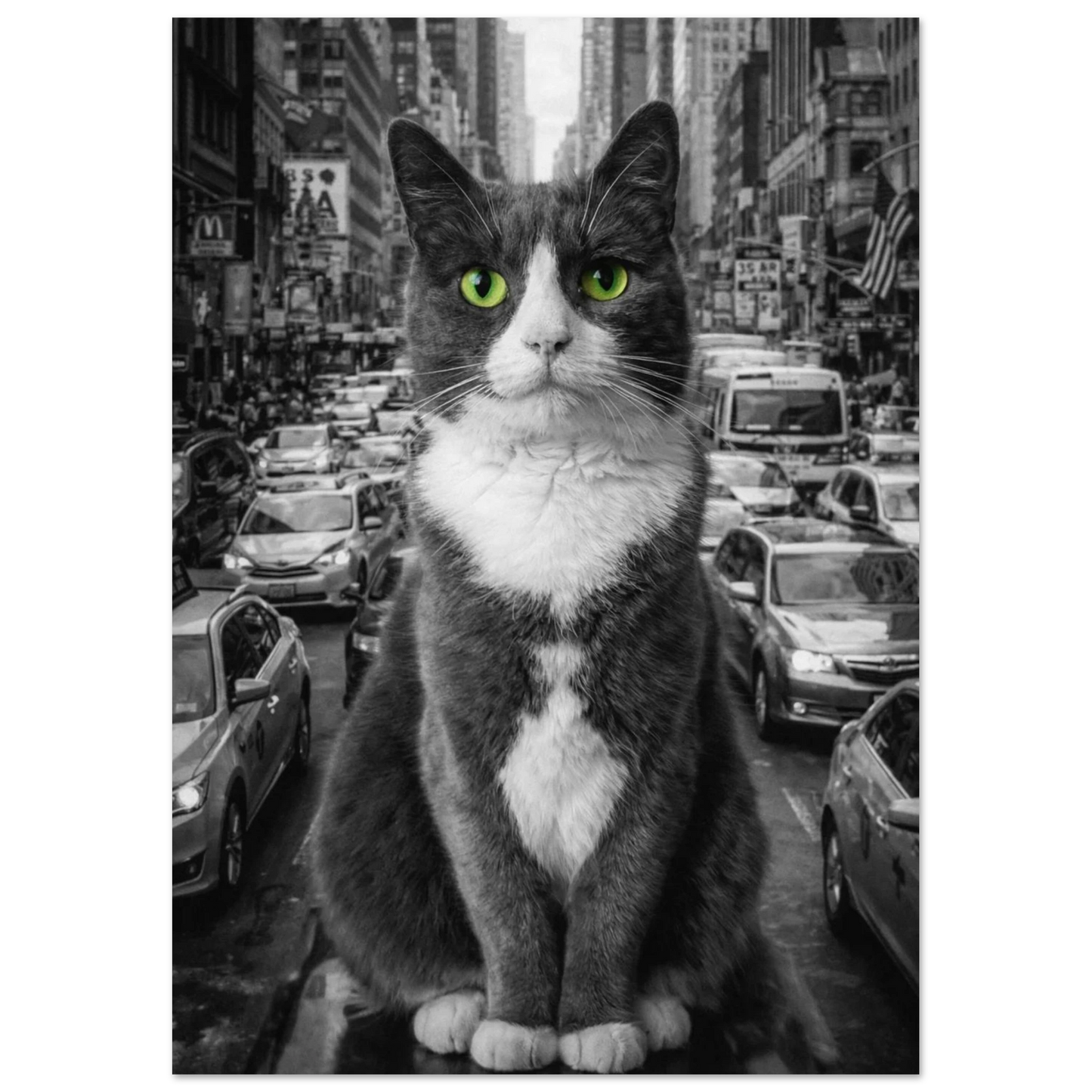 Detaljbild på kattens ansikte och gröna ögon mot svartvit urban bakgrund – Fotorealistisk poster