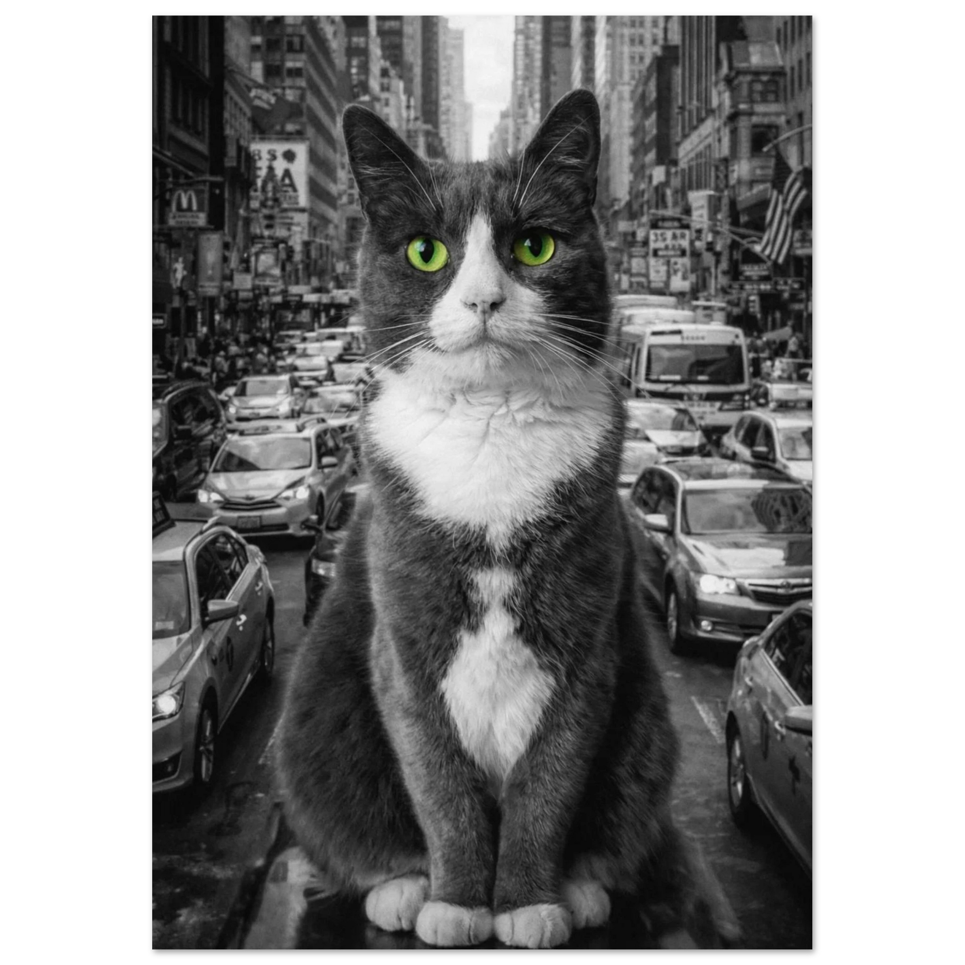 Detaljbild på kattens ansikte och gröna ögon mot svartvit urban bakgrund – Fotorealistisk poster