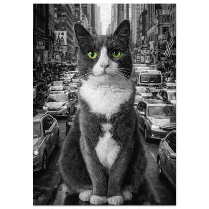 Detaljbild på kattens ansikte och gröna ögon mot svartvit urban bakgrund – Fotorealistisk poster