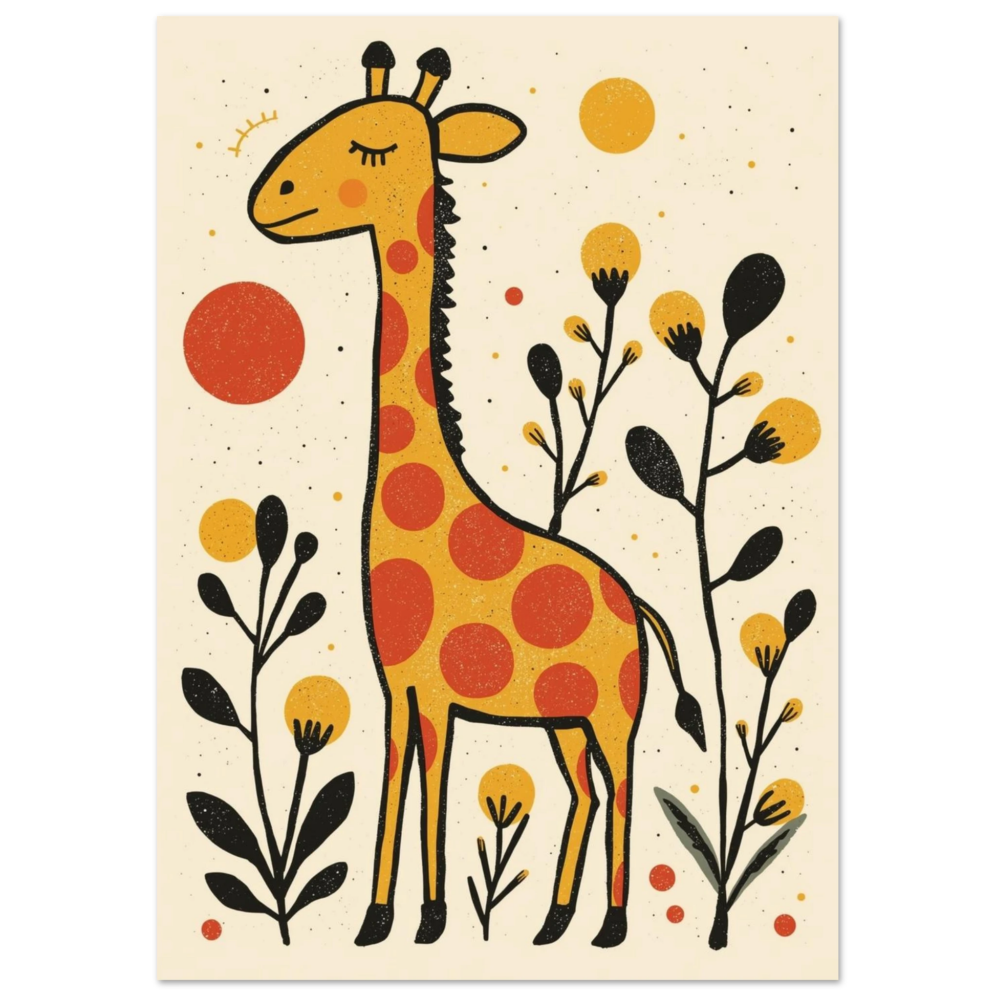 Lekfull giraffposter i varma toner med naivistiska blommor och prickar